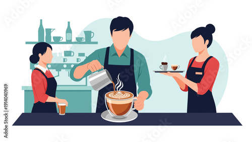 Skilled male barista carefully creating latte art in a large cup while two female colleagues prepare orders in a modern coffee shop.