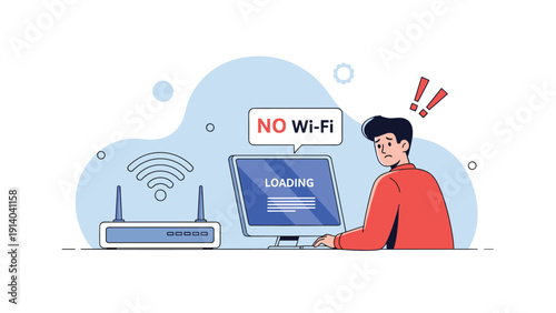 Distressed man sitting at a computer frustrated by a no wi-fi connection notification and a persistent loading screen on the monitor.