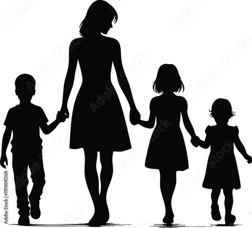 A happy mother holding hands with her young son and daughter while walking together outdoors, silhouette vector illustration