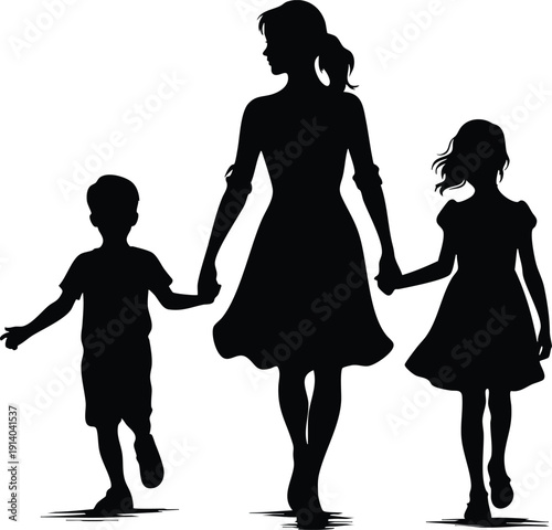 A happy mother holding hands with her young son and daughter while walking together outdoors, silhouette vector illustration