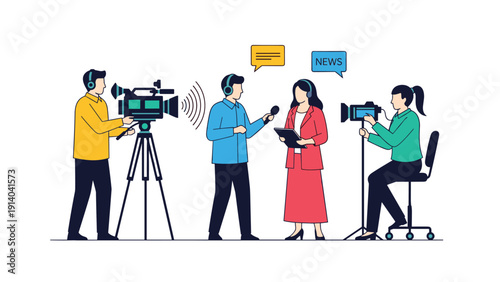 Professional news crew performing their roles on a studio set including a reporter with a microphone and dedicated camera operators.