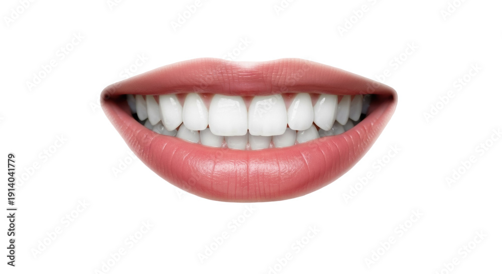 Fototapeta premium Smiling mouth with perfect white teeth isolated PNG, healthy dental care and beautiful smile on transparent background