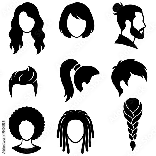 Hair style silhouette icon set. long hair, short bob, man bun, spiky hair, ponytail, side cut, afro, dreadlocks, braid salon beauty fashion collection Flat vector illustration