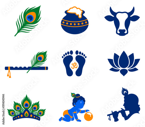 Krishna Hindu religious icon set. peacock feather, flute, butter pot, cow, lotus, om feet, crown, baby krishna, spiritual indian culture devotional symbol collection Flat vector illustration
