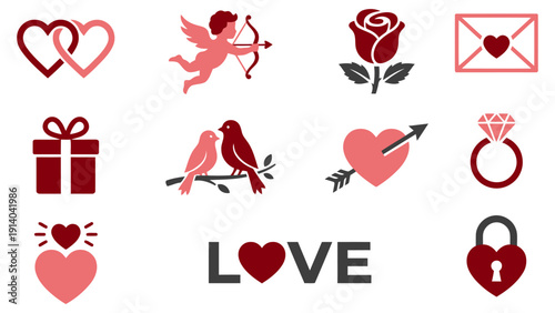 Love romantic icon set. hearts, cupid, rose, love letter, gift box, couple birds, heart arrow, diamond ring, lock, valentine symbol collection Flat vector illustration