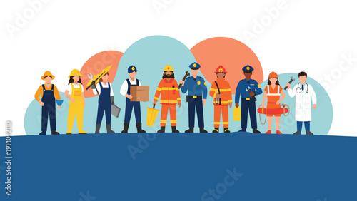 Large group of diverse professionals standing together in their various work uniforms representing many different essential occupations.