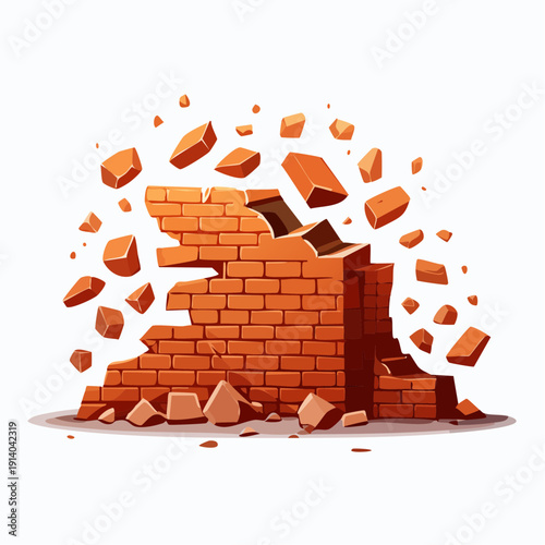 Breaking Wall Illustration with Flying Bricks and Debris Symbolizing Destruction or Change