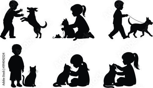 Black silhouette set of little boys and girls playing with dogs and cats, walking a puppy, and petting kittens isolated on white background.
