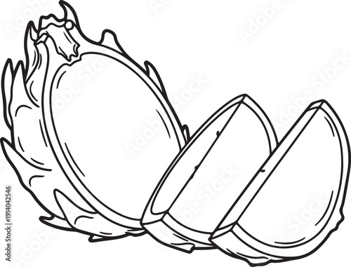 Black and white line art illustration featuring a whole dragon fruit displayed alongside two freshly cut triangular wedges ready for consumption or artistic design representation.