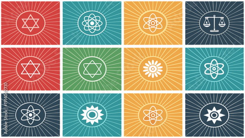 Iconography pictograms arranged in a grid with symbolic white icons on vibrant colored backgrounds depicting various themes