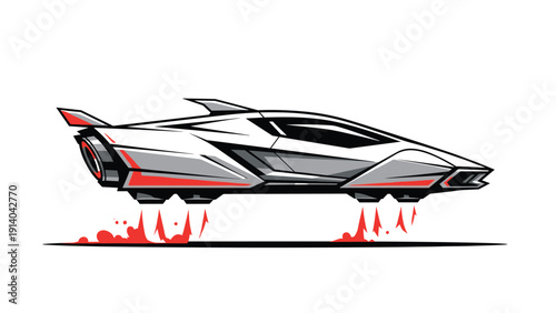Futuristic sci-fi hover car with a sleek white and red design flies above the ground, representing advanced technology and transportation.