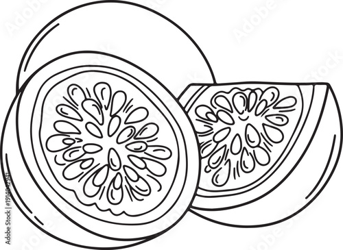 Simple black and white illustration of a sliced fruit with visible seeds and pulp showcasing a detailed and artistic representation of a citrus fruit.