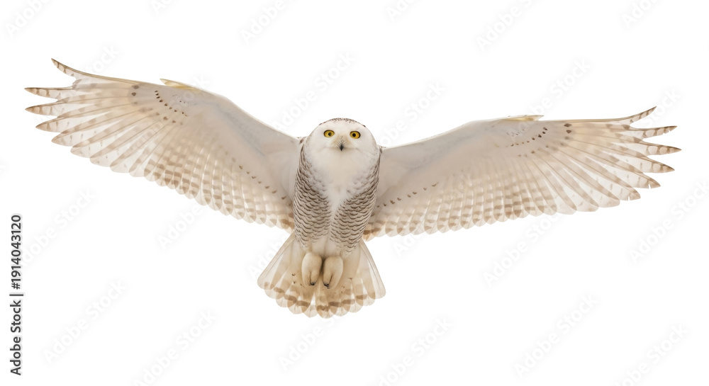 Fototapeta premium Majestic snowy owl in flight PNG isolated on transparent background, beautiful bird of prey with outstretched wings for design use