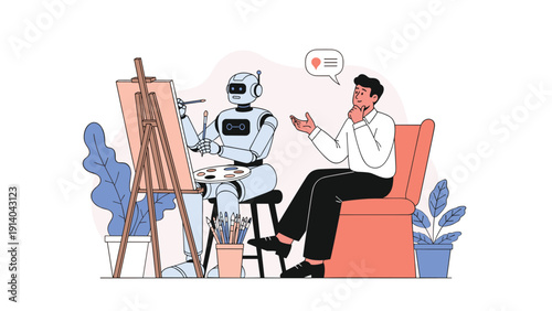 Humanoid robot sits at an easel painting a creative landscape on canvas while a pensive man observes the artistic process and thinks.