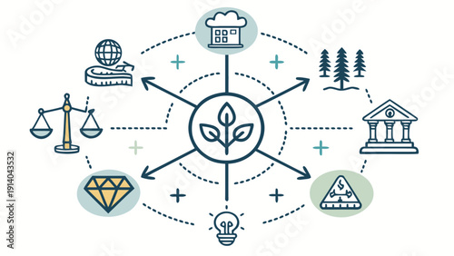 Sustainable development concept with eco-friendly elements and infrastructure surrounding a central growth symbol
