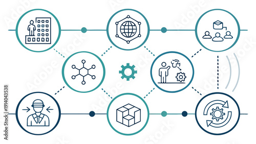 Iconography illustrating interconnected business processes and technology integration through simple pictograms