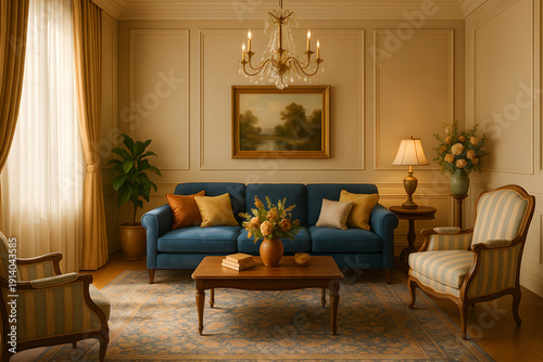 Classic living room interior design featuring a blue sofa, gold-framed painting, and vintage furniture elements
