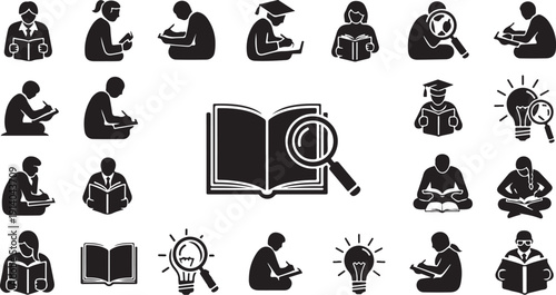 Education icons with students and learning concepts illustrated