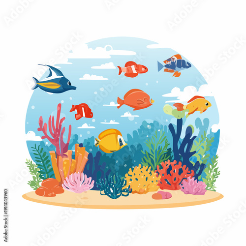 Colorful Coral Reef Ecosystem With Various Tropical Fish Swimming