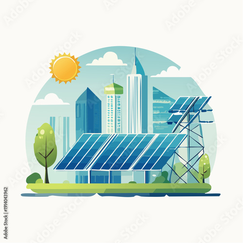 Modern metropolis embracing clean energy solar power innovation in a sustainable city environment