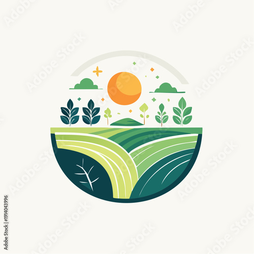 Vibrant agricultural landscape with sun and stylized plants under a circular frame
