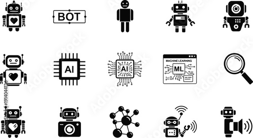 Set of black flat artificial intelligence icons featuring cute robots machine learning chips chatbot symbols neural networks and automation technology for digital business innovation