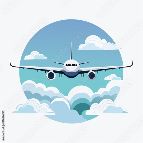 Modern passenger airplane soaring through a clear blue sky amidst fluffy white clouds, symbolizing journey and freedom
