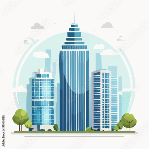 Dynamic flat vector illustration of a vibrant modern city skyline featuring towering skyscrapers and lush green trees, representing urban progress and architectural development
