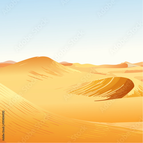 Expansive golden desert dunes bathed in sunlight, illustrating the serene beauty of an arid landscape