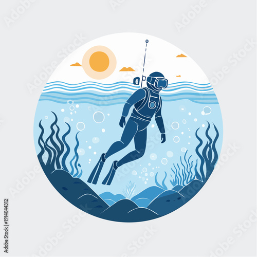 Solo Scuba Diver Exploring the Serene Underwater World with Sunlit Ocean Plants and Bubbles