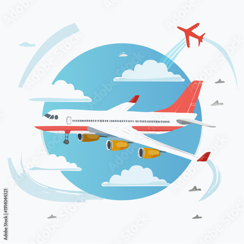 Dynamic illustration of a modern passenger airplane soaring through a vibrant blue sky with fluffy clouds, symbolizing global air travel and swift journeys