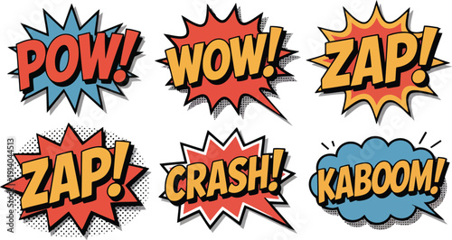 Energetic collection of retro comic book sound effects like Zap and Kaboom in various speech forms