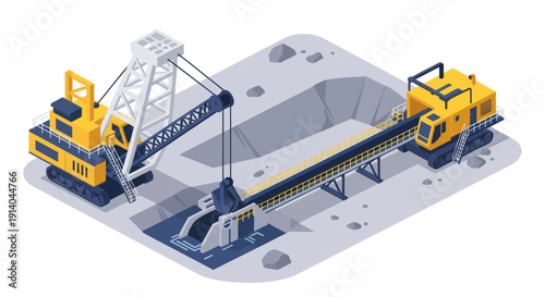 Industrial construction site with gantry crane and conveyor belt machinery.