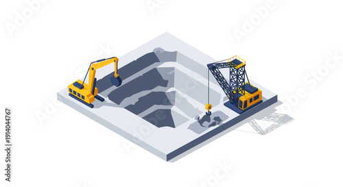 Isometric illustration of construction site with excavators and crane.