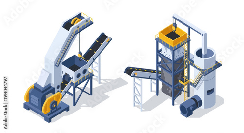 Industrial machinery equipment with conveyor belts and processing units.
