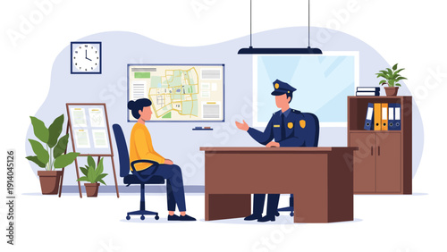 Female civilian sits at a desk and speaks with a police officer in an office setting, possibly reporting an incident or being interviewed.