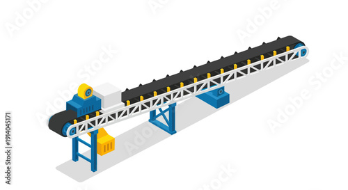 Industrial conveyor belt system with blue supports and yellow accents.