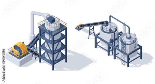 Industrial machinery equipment with conveyor system and storage tanks.