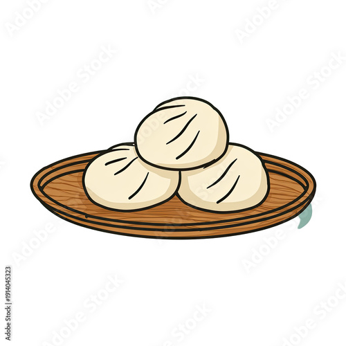 Illustration of a wooden plate with three fluffy, round dumplings. The food has curved lines