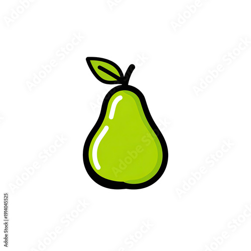 A vibrant, green pear with a leaf, set against a stark black background. Simple, bold design