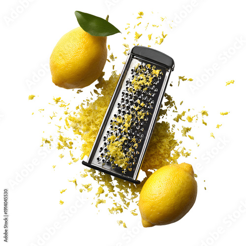 Fresh lemons and zester on a white background with zest scattered