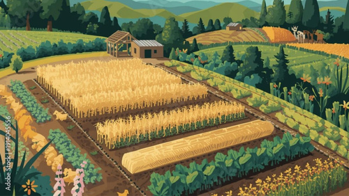 Serene farm landscape with lush garden and rustic barn