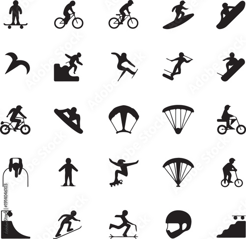 black silhouettes of people doing sports and activities  various icons
