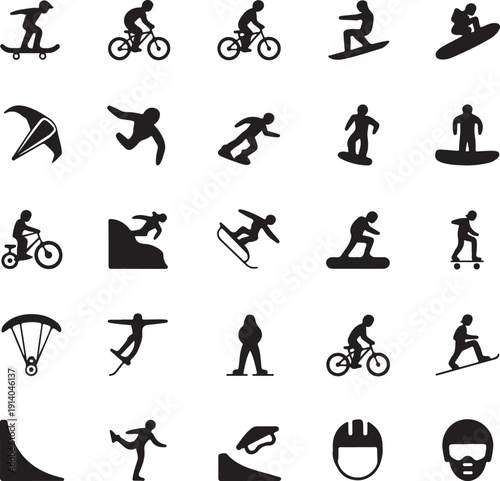Black silhouettes of people doing various sports and activities