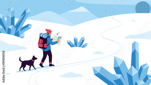 Adventurous hiker with a backpack and a loyal dog walks through a snowy mountain landscape filled with large, glowing blue crystals.