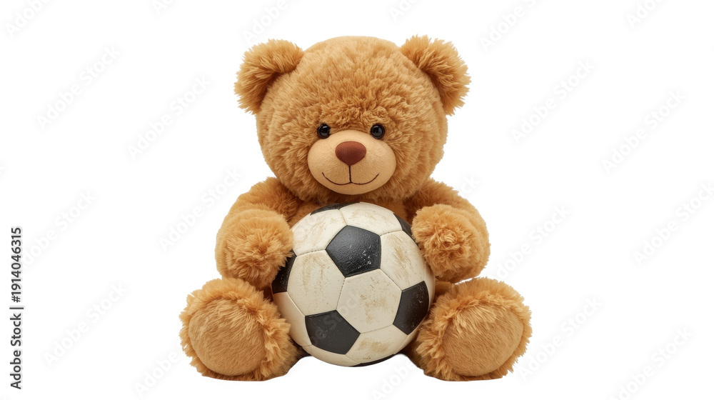 Obraz premium Brown teddy bear sitting with a soccer ball plush toy and sports equipment on white background cute animal and ball