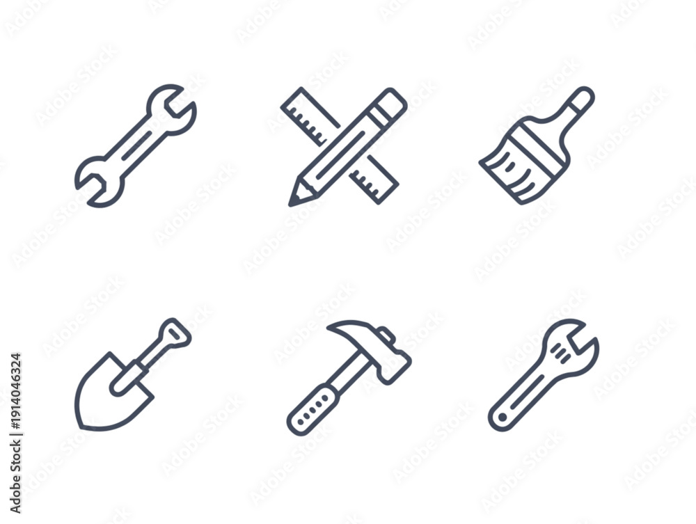 Fototapeta premium Set of six minimalist line art icons, featuring wrench, ruler, pencil, paintbrush, shovel, and hammer symbols