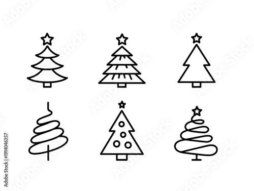 Collection of six black outline icons, including modern and traditional Christmas tree symbols for festive decor