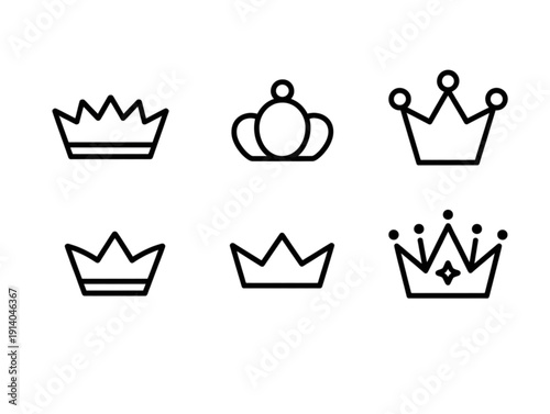 Collection of six black outline icons, including king and queen crown designs for premium branding elements
