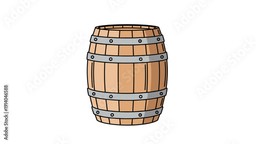 Classic wooden barrel with several metal bands and rivets is shown against a plain white background, ideal for wine or storage themes.